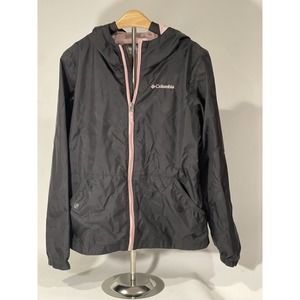 Black Columbia Youth Raincoat with Pink Logo and Zipper. Size L. Preloved.
